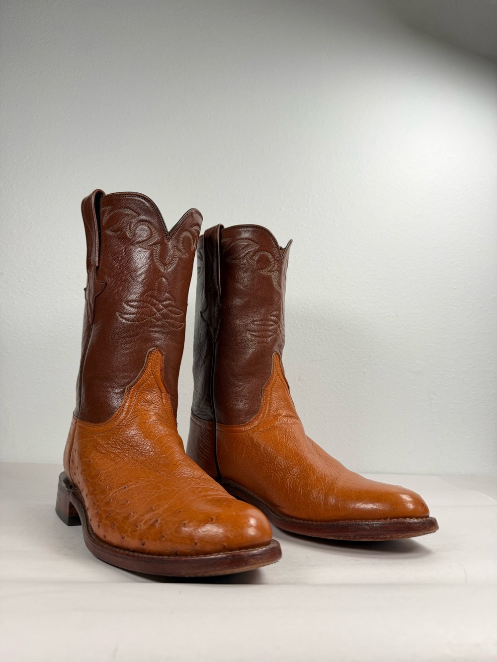 Vintage Lucchese Classics Handmade Men’s Roper Western Boots Size 9 B Ostrich US